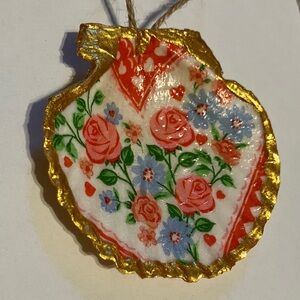Handcrafted Shell Ornament Pink Rose Floral Gold Decoupage